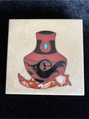 💜 Vintage Cleo Teissedre Southwestern Hand Painted Ceramic Tile Coaster Trivet